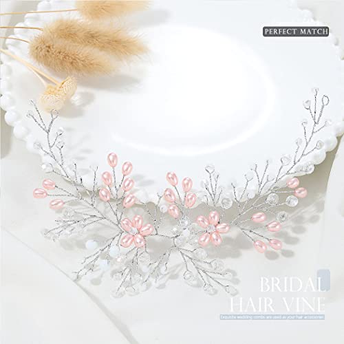 EASEDAILY Pearl Bride Wedding Hair Vine Pink Headpiece Crystal Bridal hair Piece Rhinestone Hair Accessories For Women and Girls
