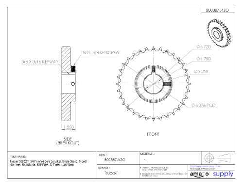 Tsubaki 50b32f-1l završio Bore lančanik, jedan pramen, inč, 50 ANSI ne., 5/8 Pitch, 32 Zuba, 1-3/4 Bore