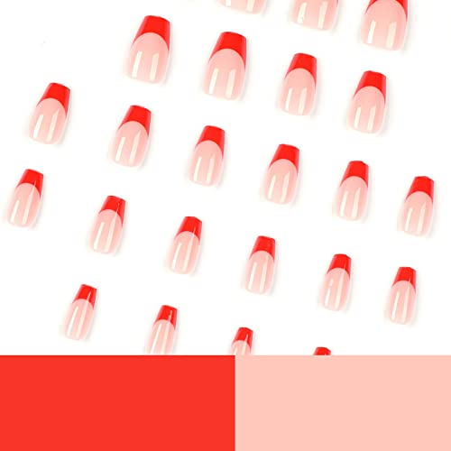 Crvena presa na noktima srednji francuski lažni nokti kvadratni oblik lepak na noktima puni poklopac akrilni lažni nokti crveni francuski