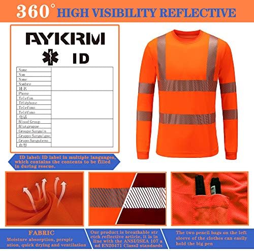 AYKRM sigurnost visoke vidljivosti s visokom vidljivošću dugih rukava izgradnje radne majice klase 3 Radna odjeća | Bok vis majica