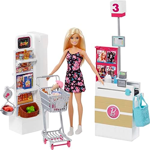 Barbie Doll & Set za igru, Supermarket sa 25 dodataka na temu prehrambenih prodavnica uključujući hranu, šalter za odjavu & police