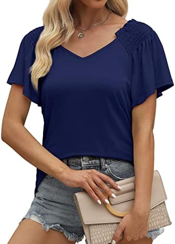 Ženske obične top vrhove T majice Ruffle s kratkim rukavima V izrez Spandex Lounge Jesen Ljeto Top odjeća Modni QR