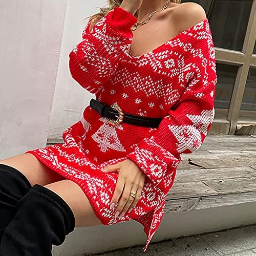 COKUERA Božićna haljina za žene V-izrez seksi otvorena nepravilna Mini haljina Božić Print Holiday džemper haljina