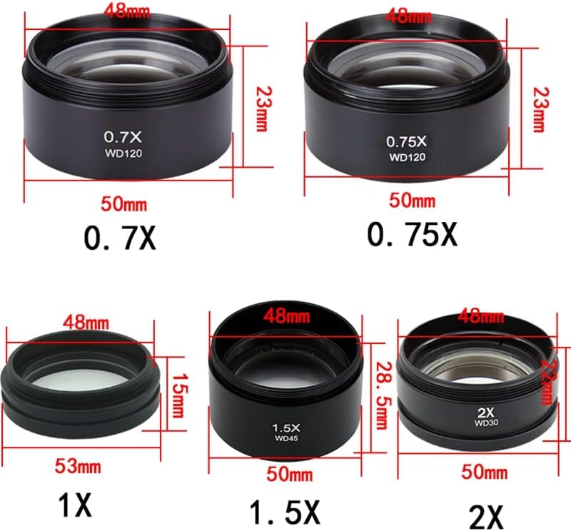 TAOZUYING 0,3 X 0,5 X 0,7 X 0,75 X 1X 1,5 X 2x dodatak za mikroskop Barlow sočiva Pomoćni objektiv za Stereo mikroskop 48 mm