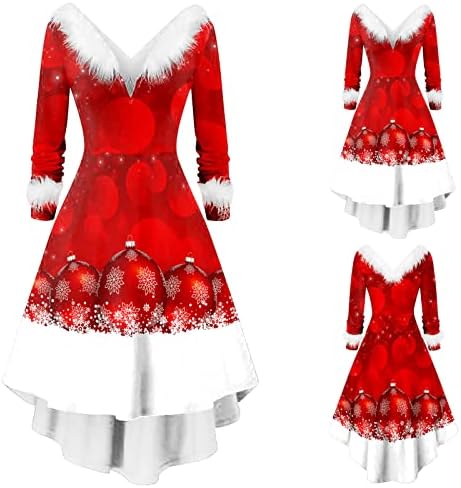 Ženska božićna haljina patchwork padajuće haljine za žene s dugim rukavima i ovratnikom Božićne elegantne asimetrične stranke