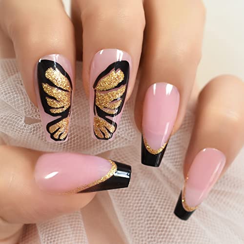 ELEVENAIL Pink Gold Butterfly Glitter francuska presa na lažnim noktima Salon lijesa srednje dužine DIY manikir za višekratnu upotrebu