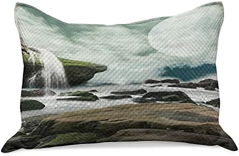 Ambesonne Priroda Pletena tapkastog jastuka, fantastični pejzaž sa vodopadom na stijenama i mjesecu, standardni poklopac jastuka kraljice