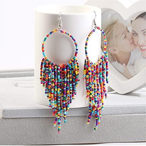 Boho Long Fringe Drop Dangle Izjava naušnice za žene djevojke Hademade Lopta perle Hoop resica lanac tkani viseća kuka luster plemenski pretjerani Dream-hvatač nakit