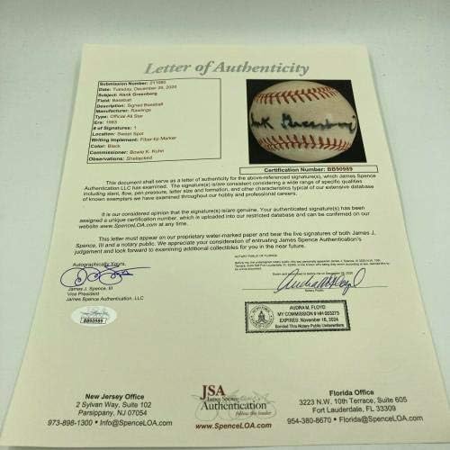 Hank Greenberg Single potpisan 1983. All Star Game Baseball sa JSA COA - autogramiranim bejzbolama