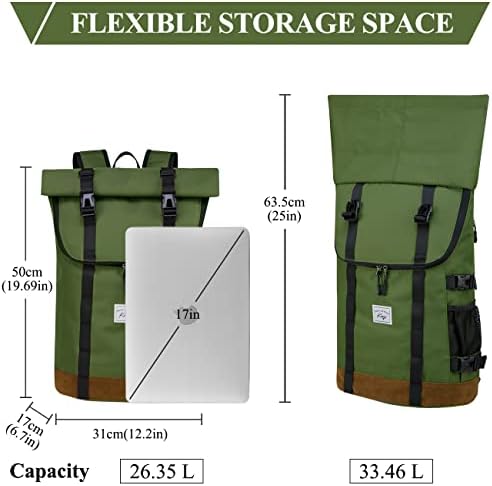 Kasqo backpack za muškarce, 17 inčni rolltop veliki kapacitet vodootporan školski školski fakultet za putničke knjige Casual Paypack