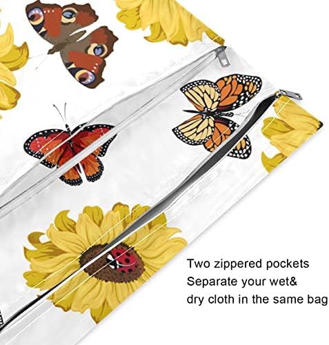 Xigua Sunflowers & Butterfly1 Vodootporne vlažne kesice, mokri torba koja se može preispitivati ​​za pelene za platnu sa 2 džepa sa
