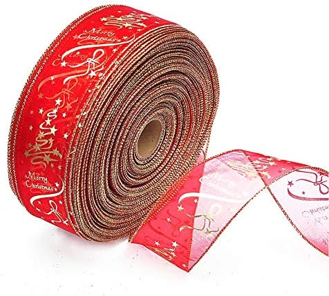 Glitter Božić Wired Sheer Ribbon, Organza Sheer Red i Gold Wired Ribbon za Božić poklon Wrap ukras, 2.5 inča širok 11 metara