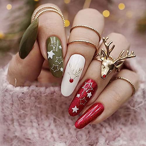 Božićna presa na noktima sa dizajnom pahuljica i Jelena, francuski vrh srednji lažni nokti Bademasti lepak na noktima Sjajni bijeli Božićni Savjeti za nokte akrilni nokti za žene djevojke, 24 kom