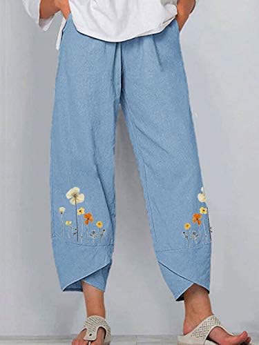 Ženske casual pantalone hlače posteljina vezena cvjetna grafika labava fit bljeskalica donje elastične pantalone za oči