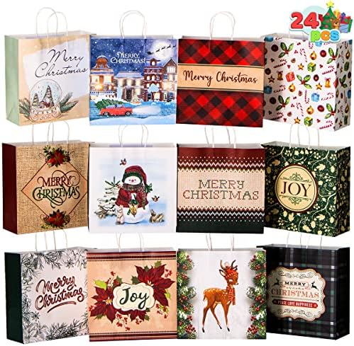 JOYIN 24 kom Božićne Kraft papirne poklon kese sa ručkama od kanapa, 12 X 12 X 5 velike Božićne poklon kese sa 12 dizajna za umotavanje