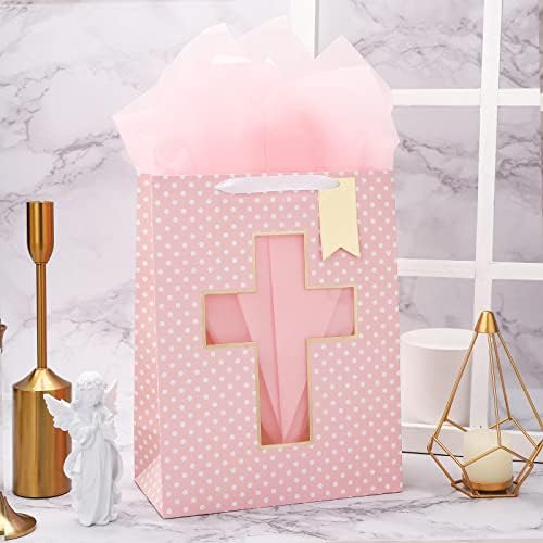 Loveinside Pink poklon torba sa unakrsnim dizajnom, papirnati papir za krštenja djevojčica, krštenja, prve pričesti vjerska prilika