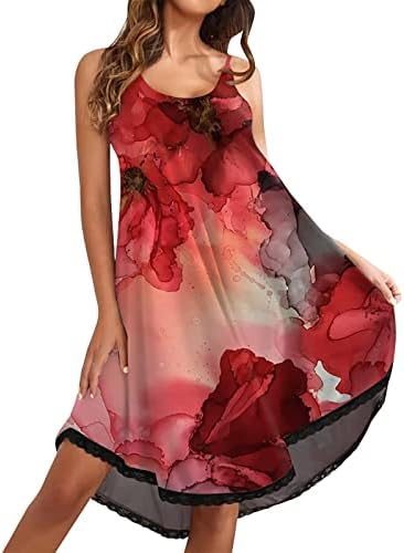 Ljetne haljine za špagete za žene Casual Swing Lace Trim Midi haljina za odmor na plaži cvjetna štampana Tank haljina